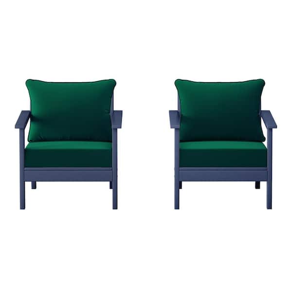 Birchwood Navy Blue Outdoor Patio (Set of 2) Deep Seating HDPE Lounge Chairs w/ Green Cushions WESTIN OUTDOOR