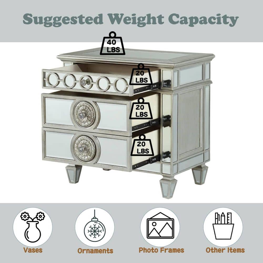 Elegant Silver Mirrored 2-Drawer Nightstand with Geometric Trim