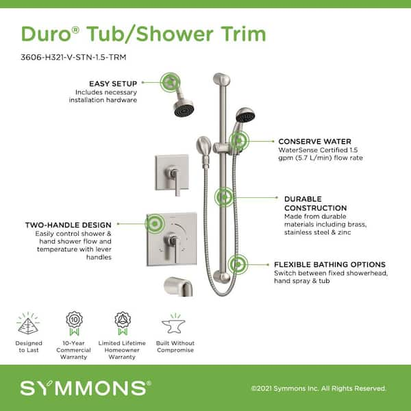 Symmons Duro 2-Handle Tub and 1-Spray Shower Trim Kit with 1-Spray Hand  Shower in Satin Nickel (Valve Not Included) 3606-H321-V-STN-1.5-TRM - The  Home Depot