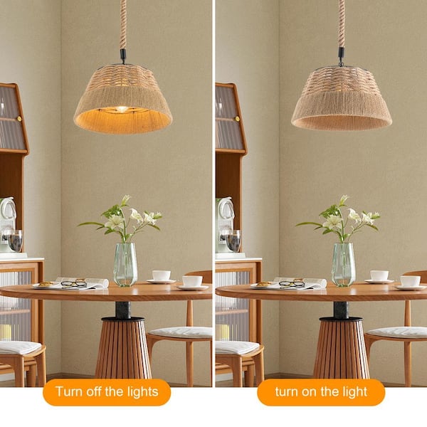 OUKANING 1-Light Wood Rustic Shaded Pendant Light with Woven Hemp