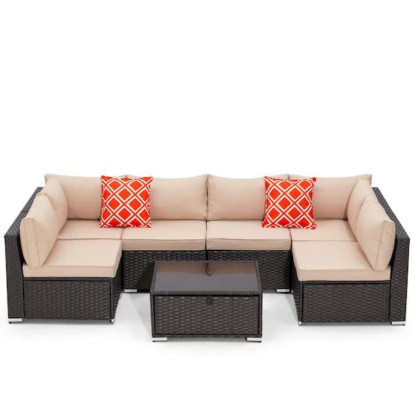 7-Piece Wicker Outdoor Sectional Set with Glass Table Beige Cushions and  Pillows S521-7SET-BEIG - The Home Depot