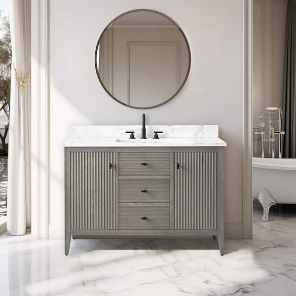 48 in. W x 22 in D x 38 in. H Single Sink Bath Vanity Cabinet in Linear Driftwood Gray with White Engineered Marble Top