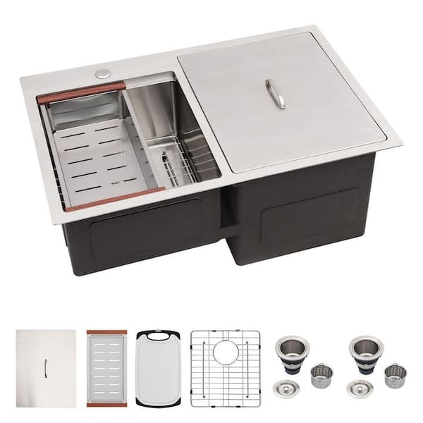 30 in. Drop-in Sink Double Bowl 16-Gauge Stainless Steel 13 in. Deep Outdoor Insulated Ice Chest Kitchen Sink with Cover