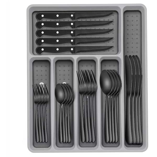 49-Piece Black Stainless Steel Kitchen Heavy Duty Flatware Cutlery Set with Organizer (Service for 8)