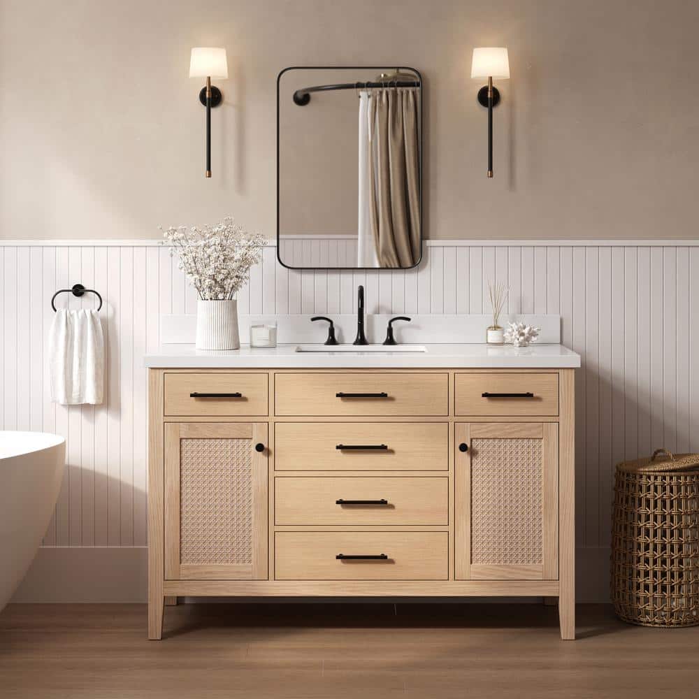 Camila 55" Light Brown Oak Freestanding Bathroom Vanity with White Quartz Top