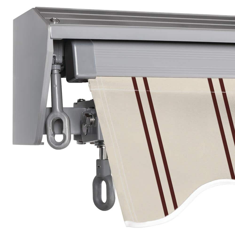 Beige and Red Striped Motorized Patio Awning with Aluminum Frame