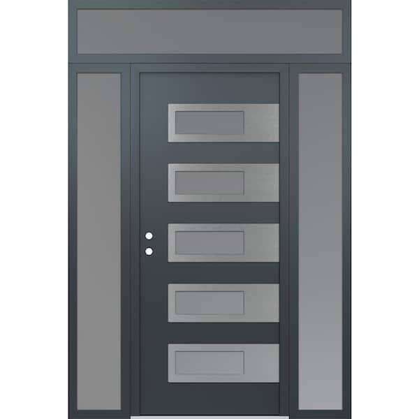 D3 64 in. x 96 in. Silver P Right-Hand/Inswing Frosted Glass Anth/Anth 2-Sidelite+Transom Steel Prehung Front Door
