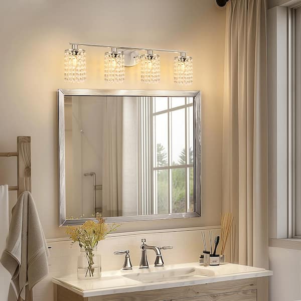 32 in. 4-Light Chrome Crystal Bathroom Vanity Light, Modern Wall Sconce for Bathroom and Kitchen Over Mirror