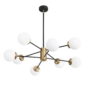 Modern 8-Light Vintage Black Chandeliers Sputnik and Gold Mid Century Ceiling Light with Glass Shade Height Adjustable