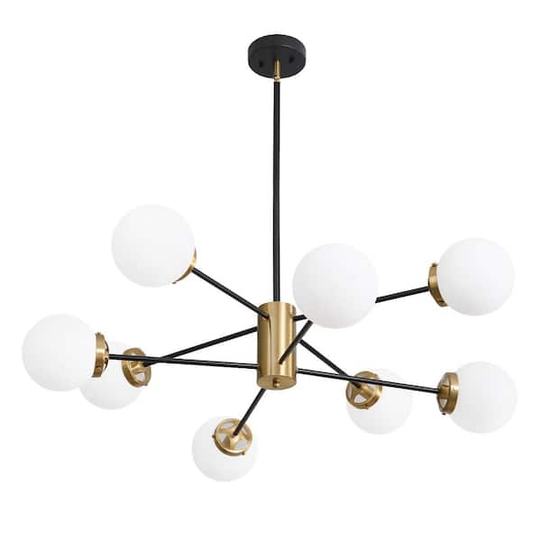 Deyidn Modern 8-Light Vintage Black Chandeliers Sputnik and Gold Mid Century Ceiling Light with Glass Shade Height Adjustable
