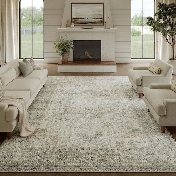 Kaponi Green Brown 8 ft. x 10 ft. Vintage Washable Medallion Distressed Area Rug