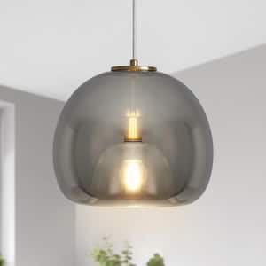 60 -Watt 1-Light Brass and Smoked Gray Shaded Pendant Light with Glass Shade, No Bulbs Included