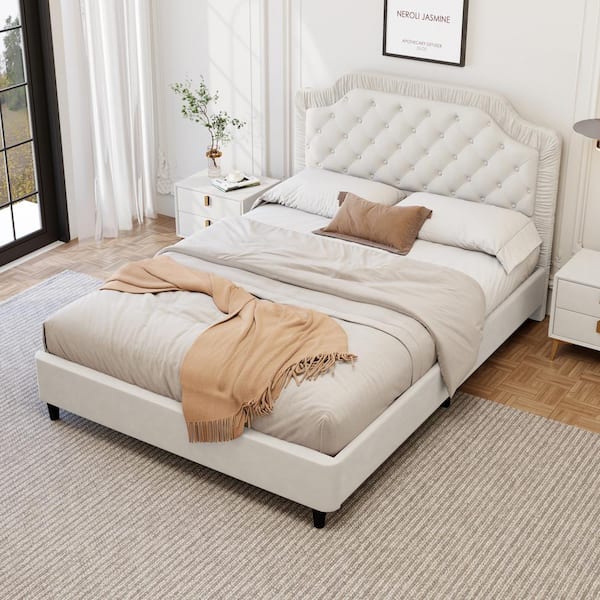 Harper & Bright Designs White Wood and Metal Frame Full Size Ruched and Button Tufted Design Upholstered Velvet Platform Bed