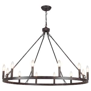 Moomal 12-Light Antique Brown Farmhouse Candle Dimmable Wagon Wheel Chandelier for Living Room Kitchen Island Dining