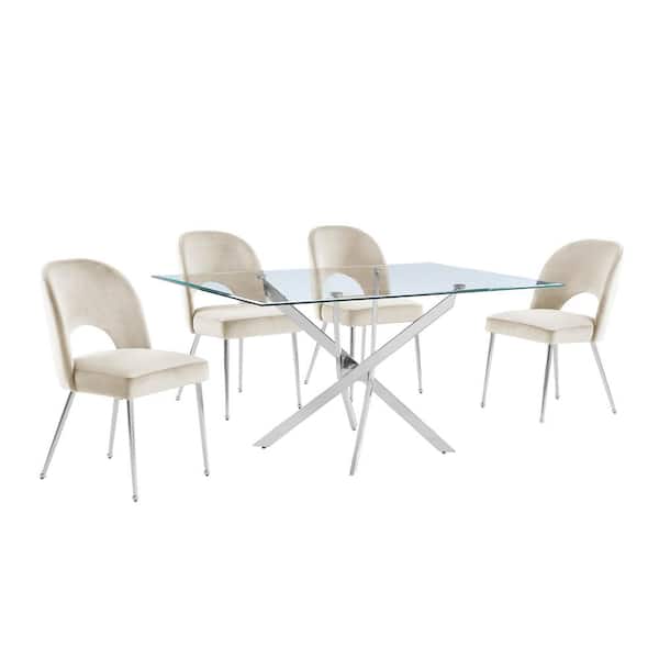 Best Quality Furniture Pete 5-Piece Tempered Glass Top and Cream Table Set Seats 4