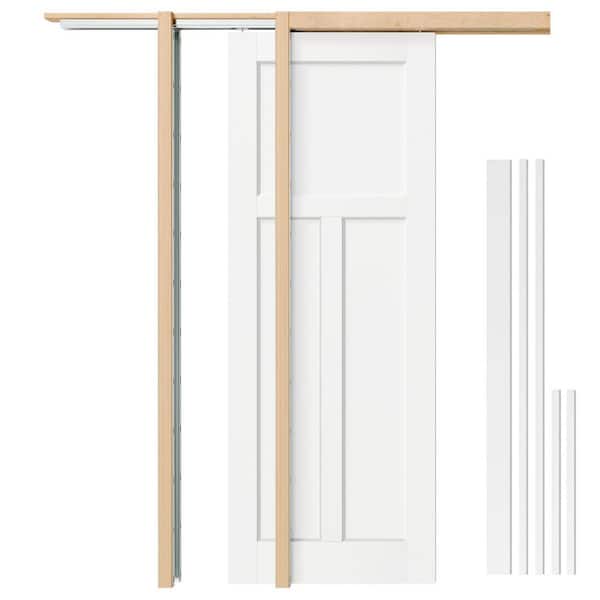 32 in. x 80 in. T-shape Primed Wood Pocket Door Slab with Door Frame Kit, Jamb and Header, Hardware Drilling Required
