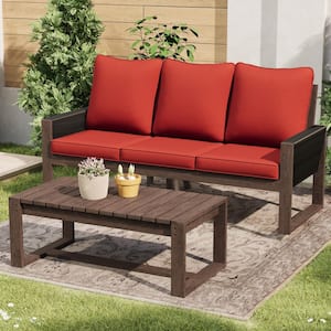 2-Piece Light Walnut Wood Wicker Patio Conversation Set with 3-Seat Sofa, Coffee Table and Red Cushions