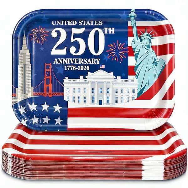 24 Count USA 250th Anniversary Paper Plates, American Flag Disposable Trays for 4th of July and Memorial Day