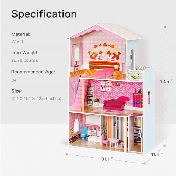 Huluwat Pink Classic Wooden Dollhouse for Toddlers with of