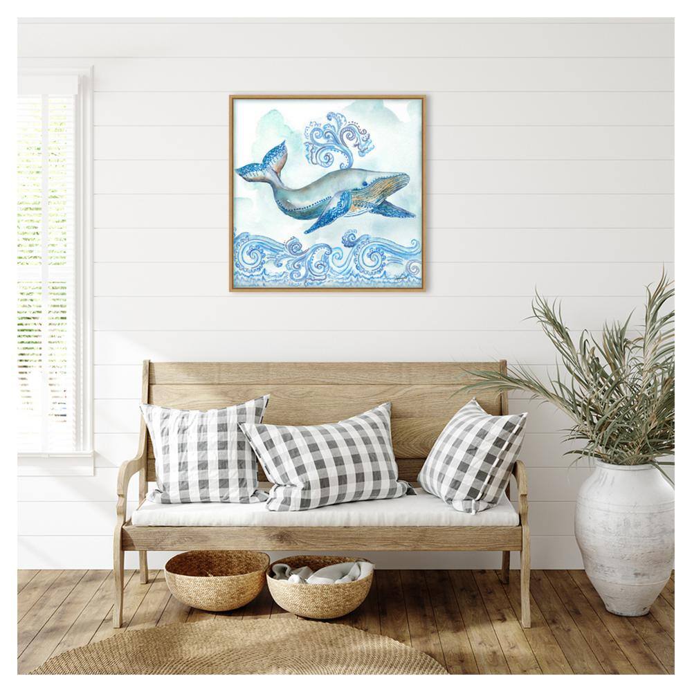Boho Shells II Whale Blue Canvas Print with Maple Frame