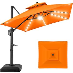 10 ft. Solar LED 2-Tier Square Cantilever Patio Umbrella with Base Included in Orange