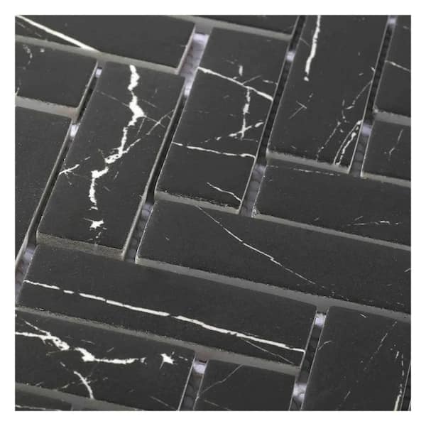 Aloha 11 in. x 13 in. Polished Black, White Glass Mosaic Herringbone Wall and Floor Tile (9.63 sq. ft./case)-10 Pack
