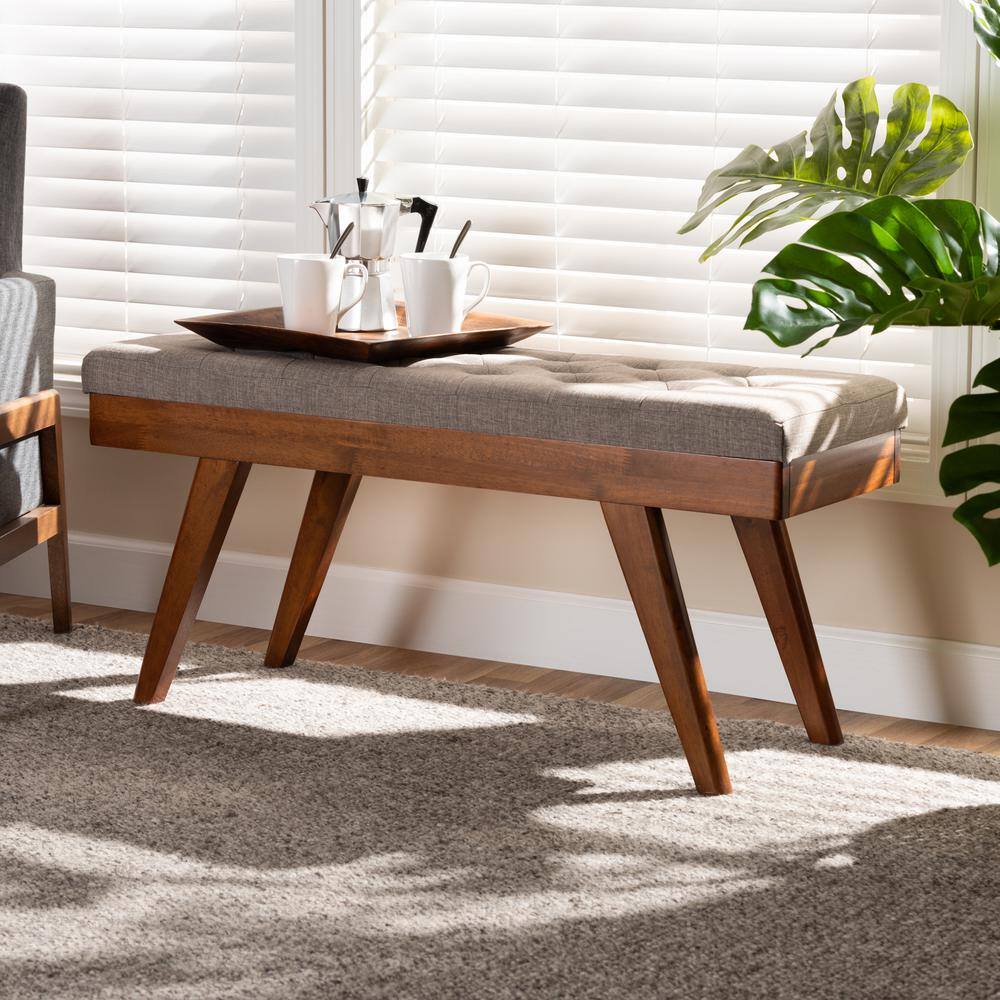Alona Mid-Century Walnut Brown and Light Grey Fabric Dining Bench
