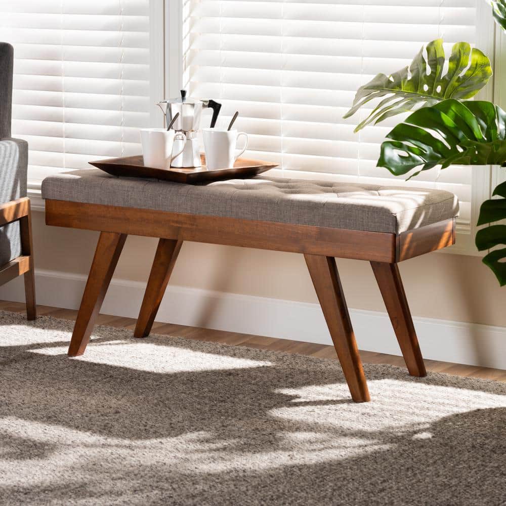 Alona Mid-Century Walnut Brown and Light Grey Fabric Dining Bench