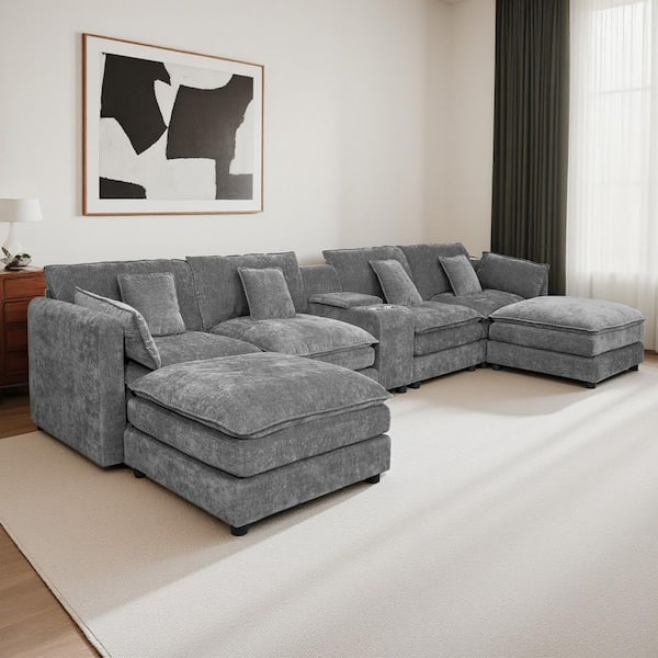 Olivia 144.49 in. Chenille Upholstered U Shape Sectional Sofa in. Grey with Movable Ottomans, Storage Box, Cup Holders