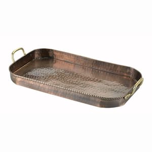 18 in. x 10.5 in. x 1.75 in. Oblong Antique Copper Tray with Cast Brass Handles