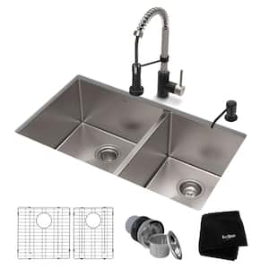 Standart PRO 33 in. Undermount Double Bowl 16 Gauge Stainless Steel Kitchen Sink w/Faucet in Stainless Steel Matte Black