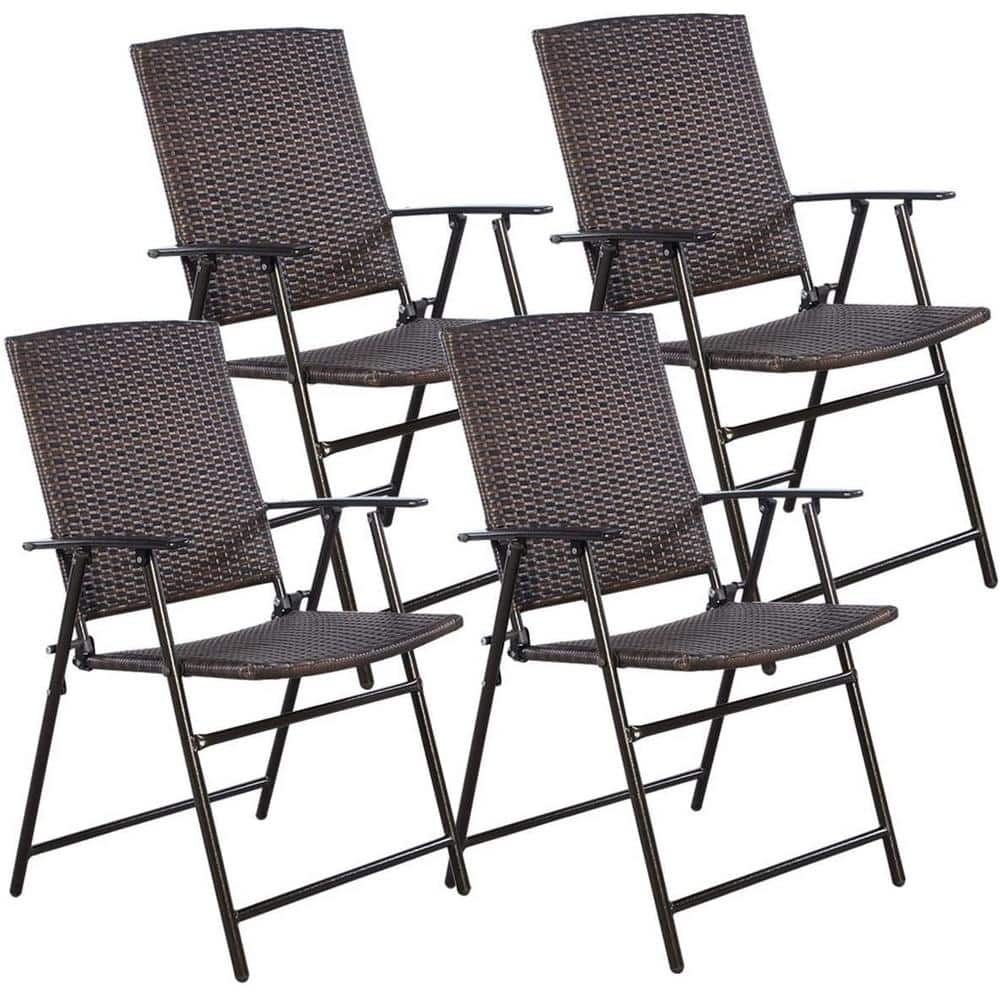 Brown Wicker Folding Outdoor Dining Chairs with Steel Frame, Set of 4