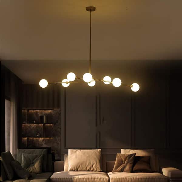 Modern 8-Light Gold Branch Sputnik Chandelier with Globe Opal Glass Shades for Living Room Kitchen Island