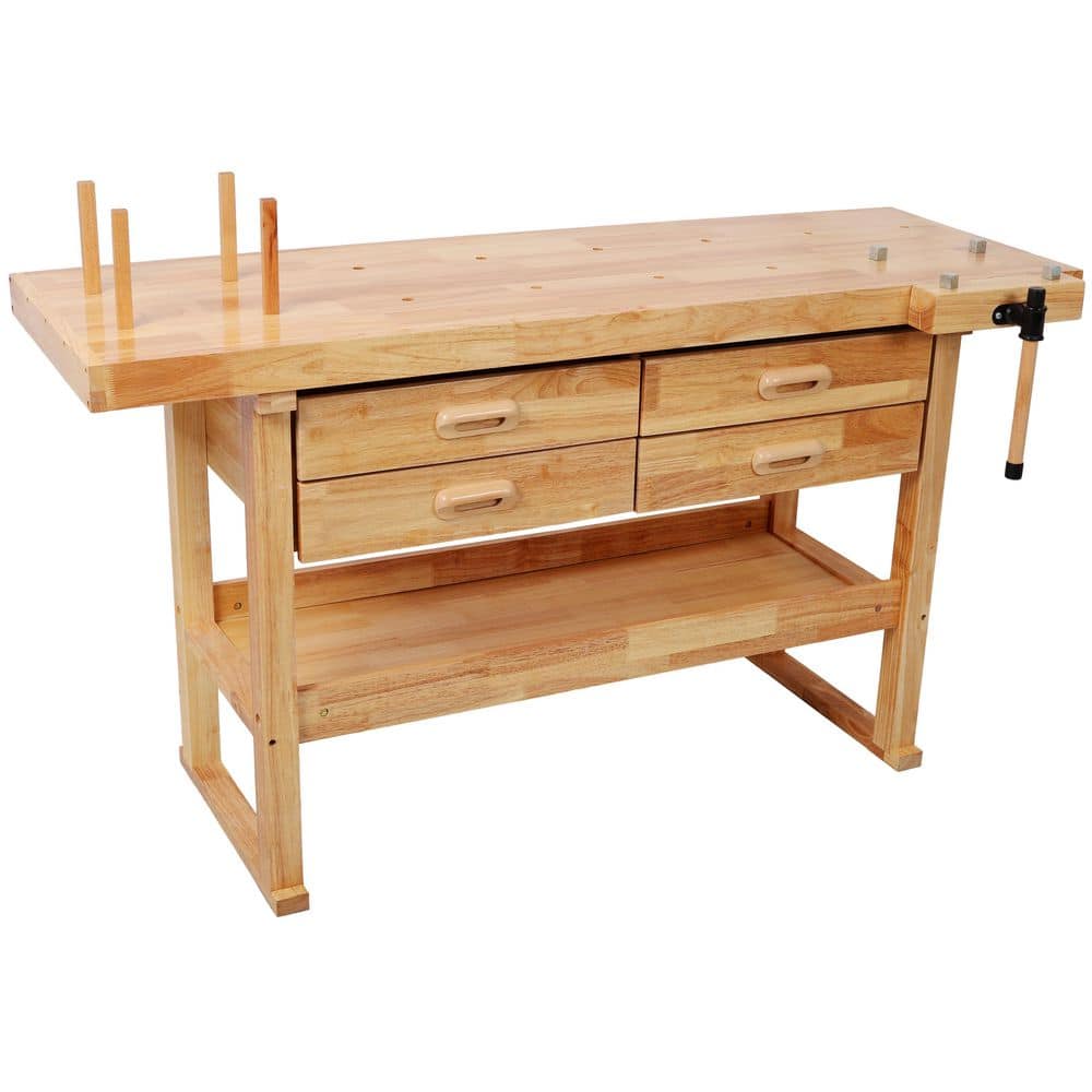 60 in. W x 22 in. D 4-Drawer Light Brown Workbench Table with Solid Wood Top and Shelf for Garage Workshop Carpenter price history on PriceWatchPro