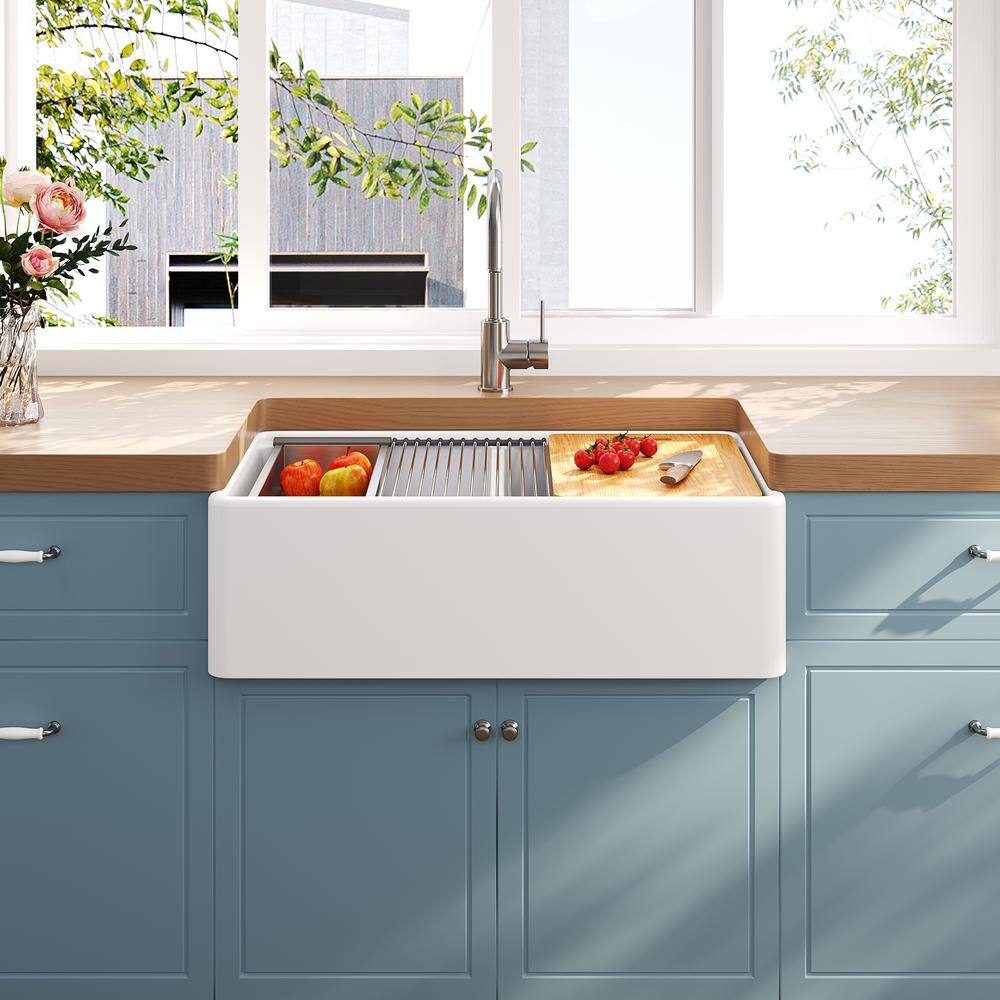 Crisp White Ceramic Double Bowl Farmhouse Kitchen Sink with Accessories