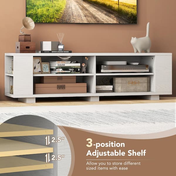 FORCLOVER White Wood TV Stand with 8-Open Shelves Fits TVs