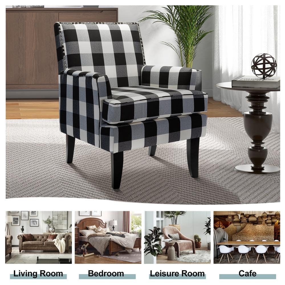 Classic Black Buffalo Plaid Armchair with Nailhead Trim