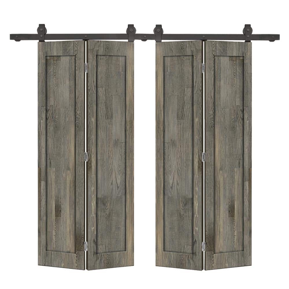 44 in. x 84 in. 1-Panel Shaker Hollow Core Weather Gray Pine Wood Double Bi-fold Door with Barn Door Hardware Kit price history on PriceWatchPro