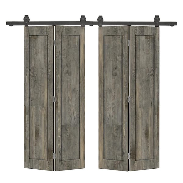 CALHOME 56 in. x 80 in. 1-Panel Shaker Hollow Core Weather Gray Pine Wood Double Bi-fold Door with Barn Door Hardware Kit