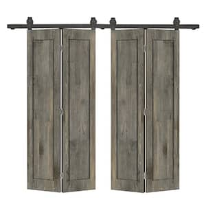 72 in. x 84 in. 1-Panel Shaker Hollow Core Weather Gray Pine Wood Double Bi-fold Door with Barn Door Hardware Kit