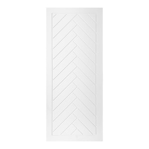 Modern Framed Herringbone Pattern 24 in. x 80 in. MDF Panel White Painted Sliding Barn Door with Hardware Kit