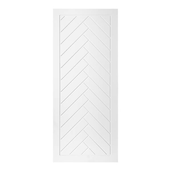 AIOPOP HOME Modern Framed Herringbone Pattern 36 in. x 84 in. MDF Panel White Painted Sliding Barn Door with Hardware Kit