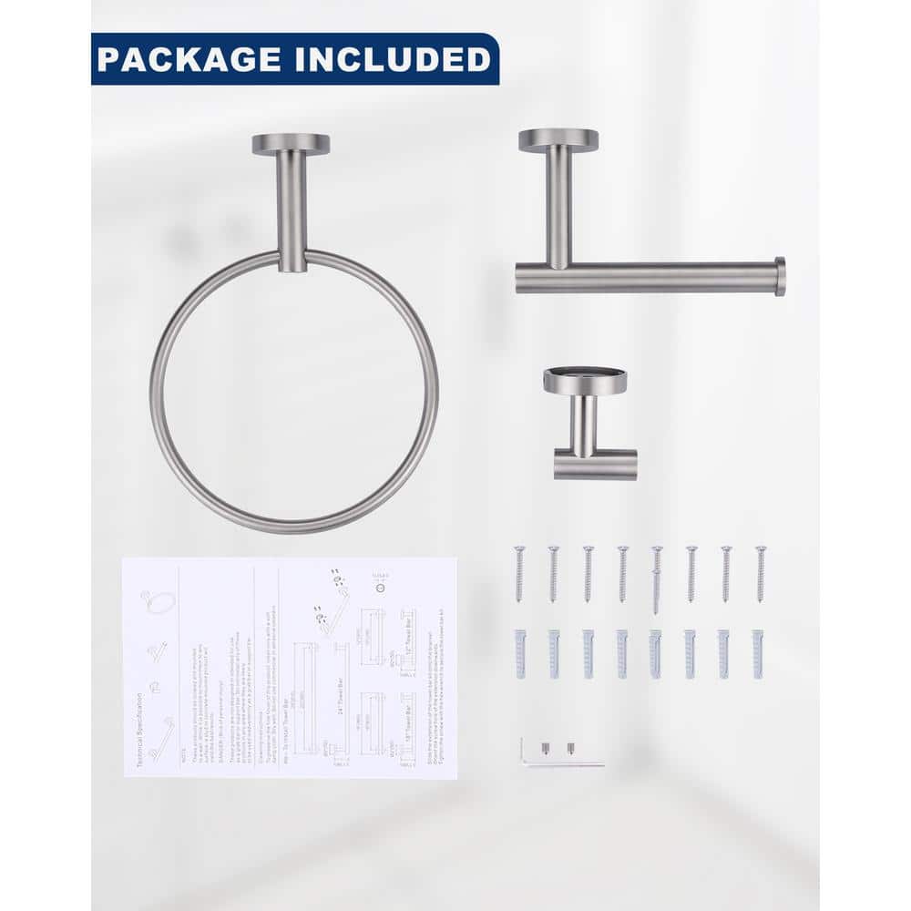 Brushed Nickel 3-Piece Bathroom Hardware Set with Towel Ring, Hook, and Holder
