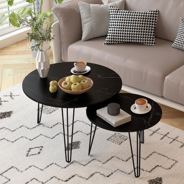 Braymor Modern 27.56 in. Black Marble Pattern Round MDF Nesting Coffee Table + End Table Set, Metal Legs, Set of 2