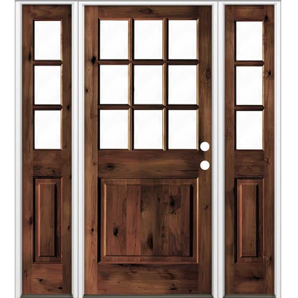 Krosswood Doors 64 in. x 80 in. Rustic Knotty Alder Clear 9-Lite Red Mahogony Stain Wood Left Hand Single Prehung Front Door/Sidelites