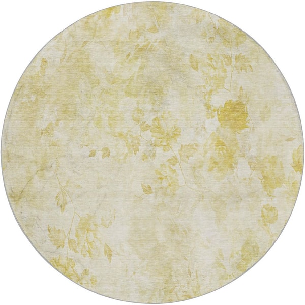 Dream Shag Premium Machine Washable Abstract ADS724 Gold 8 ft. x 8 ft. Round Rug