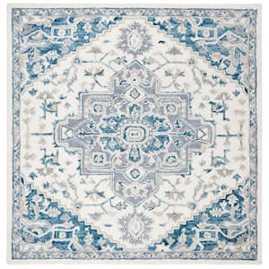 Micro-Loop Ivory/Navy 5 ft. x 5 ft. Square Border Area Rug