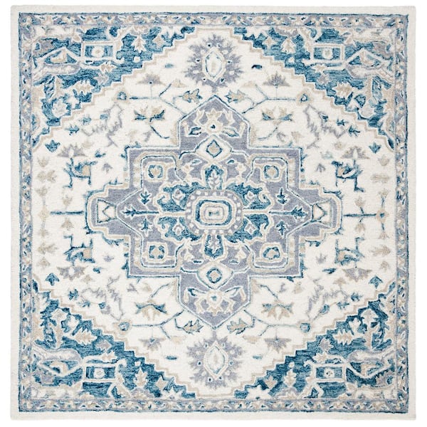 SAFAVIEH Micro-Loop Ivory/Navy 5 ft. x 5 ft. Square Border Area Rug