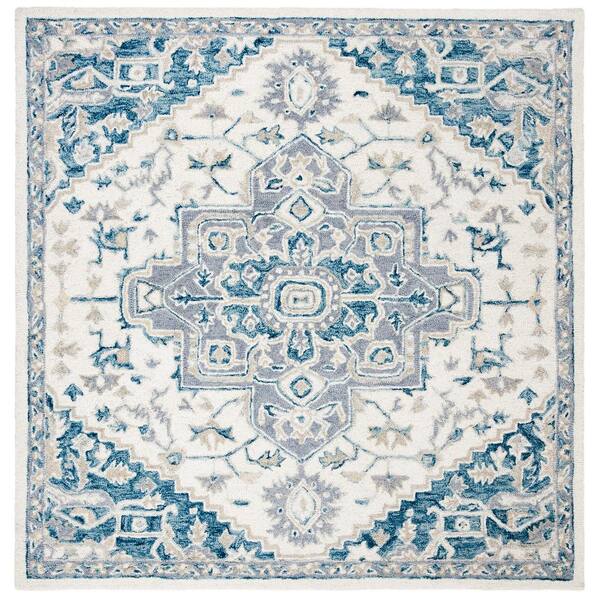 SAFAVIEH Micro-Loop Ivory/Navy 5 ft. x 5 ft. Floral Medallion Square Area Rug