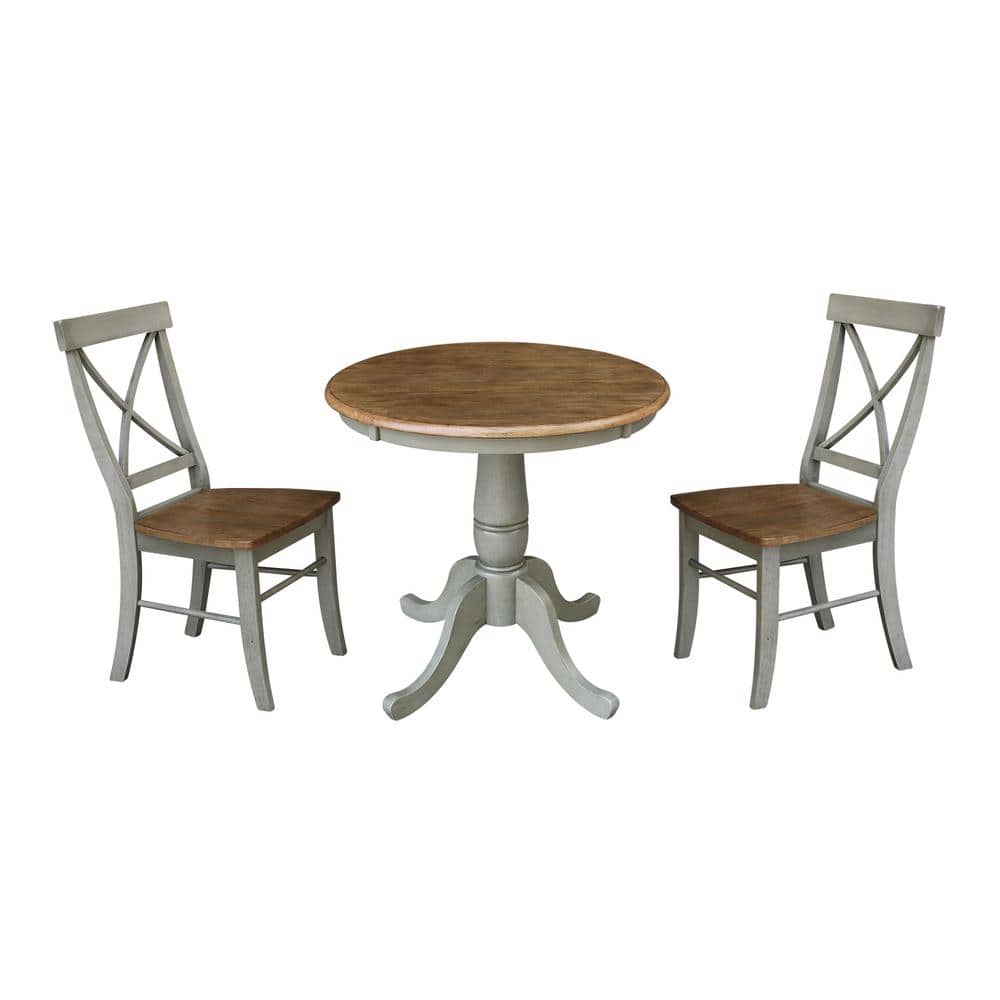 Hampton 3-Piece 30 in. Hickory/Stone Round Solid Wood Dining Set with X-Back Chairs